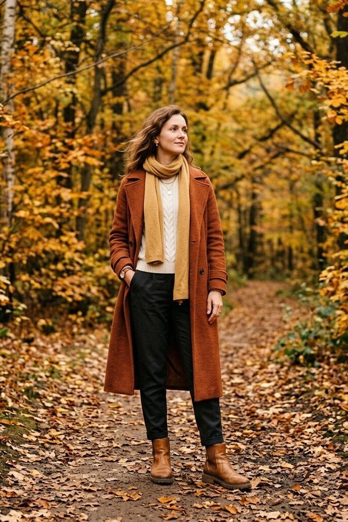 Rust Wool Coat with Mustard Sweater - fall outfit for women over 40