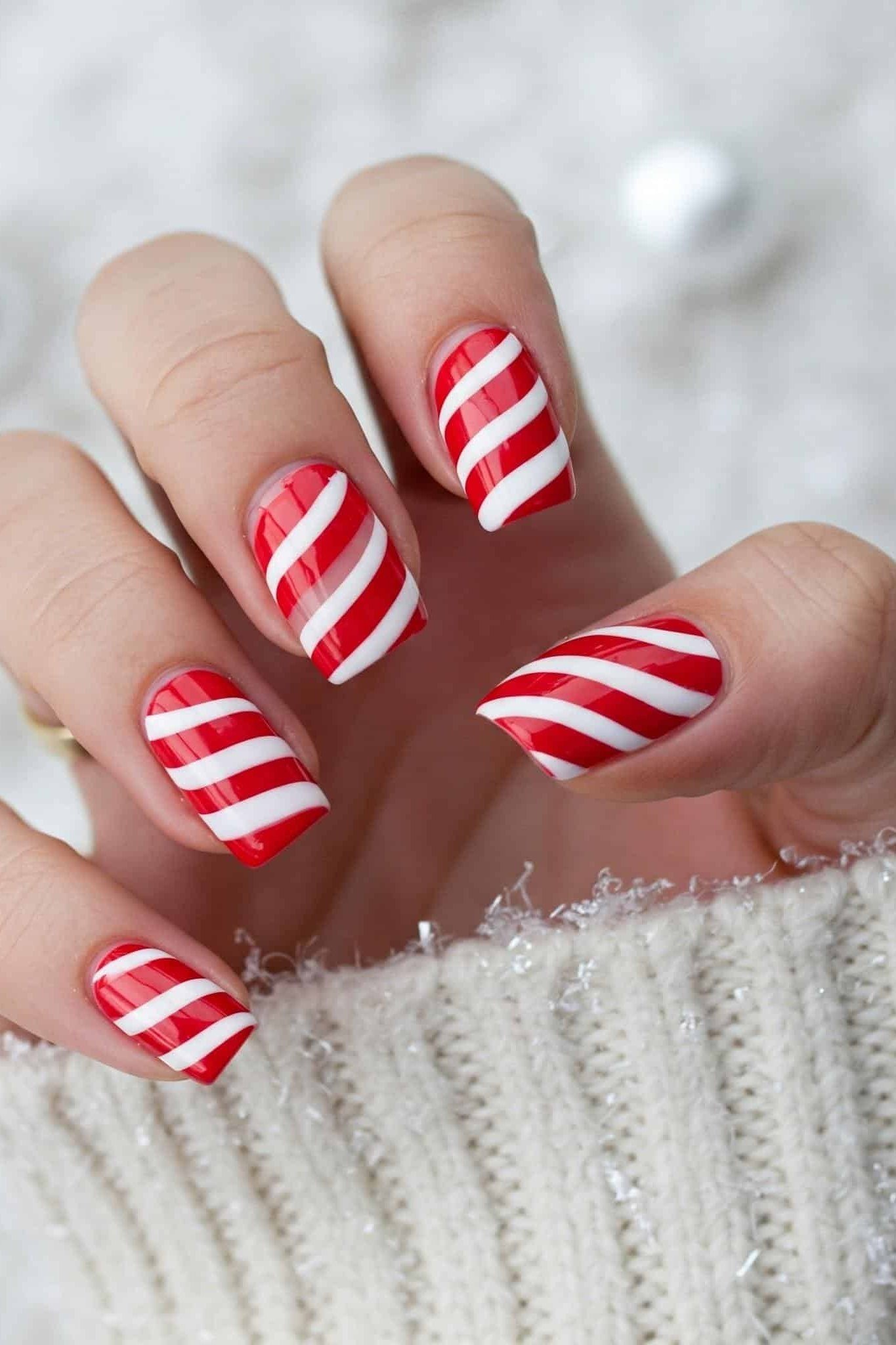 red and white candy cane stripes, white sweater
