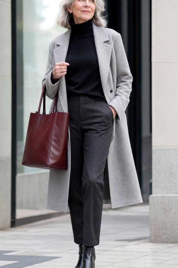Effortlessly chic fall outfit for women over 60: light grey coat with burgundy handbag
