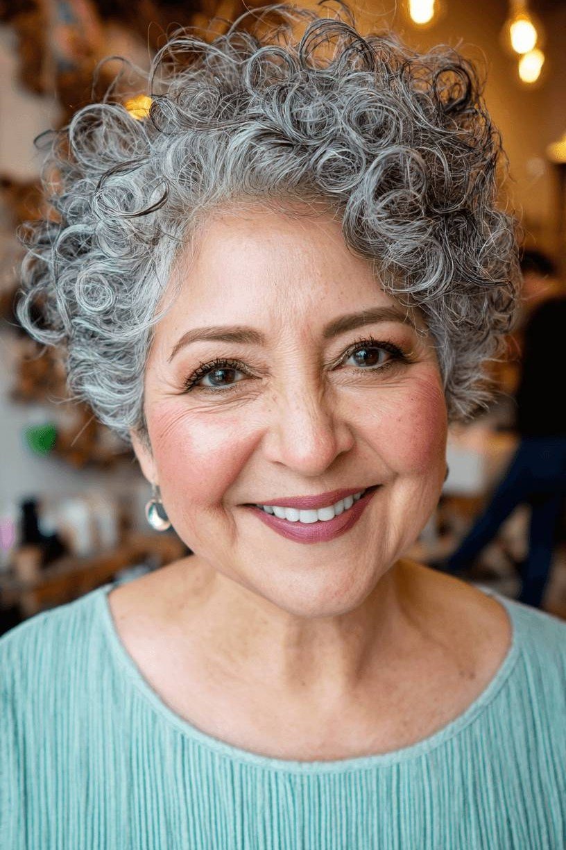 Rounded gray curly bob for women over 60