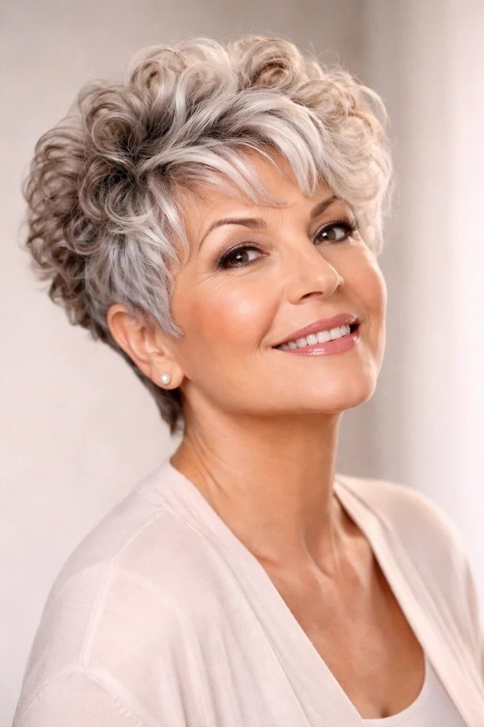 Curly white pixie, smiling three-quarter view, micro pixie cut for women over 60 going silver