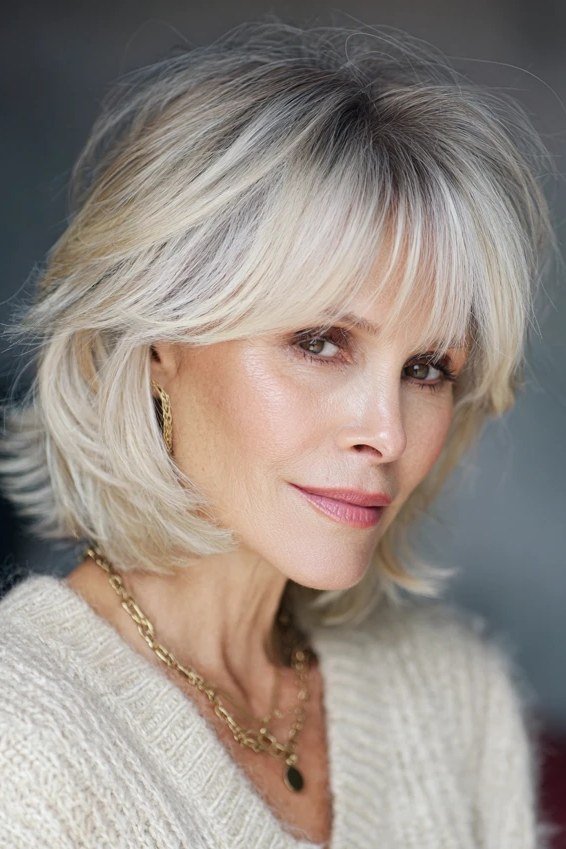 Chic silver layered medium-length hairstyle with wispy bangs, front view, for women over 50