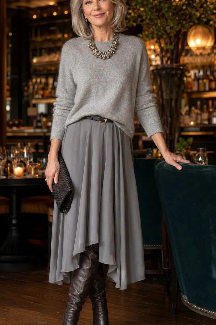 Grey knit sweater, grey pleated midi skirt, knee boots, restaurant, chic night out outfit for women over 50