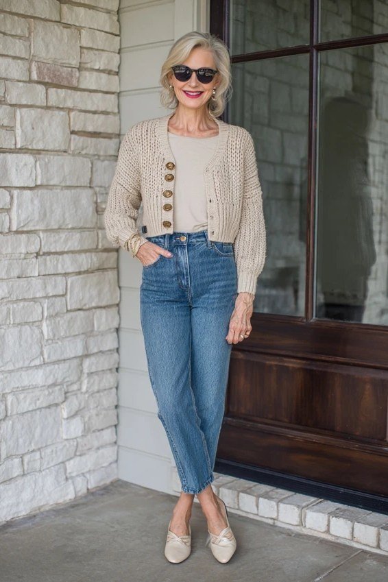 Woman over 50 wearing Cream cropped cardigan with big buttons, blue jeans and beige flats at a stone doorway.