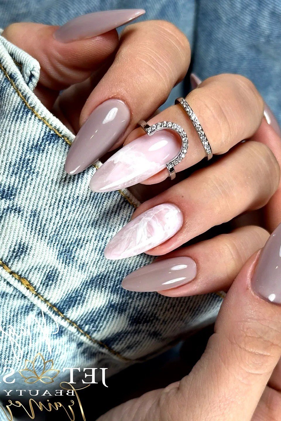 taupe almond nails with marble rose nail art