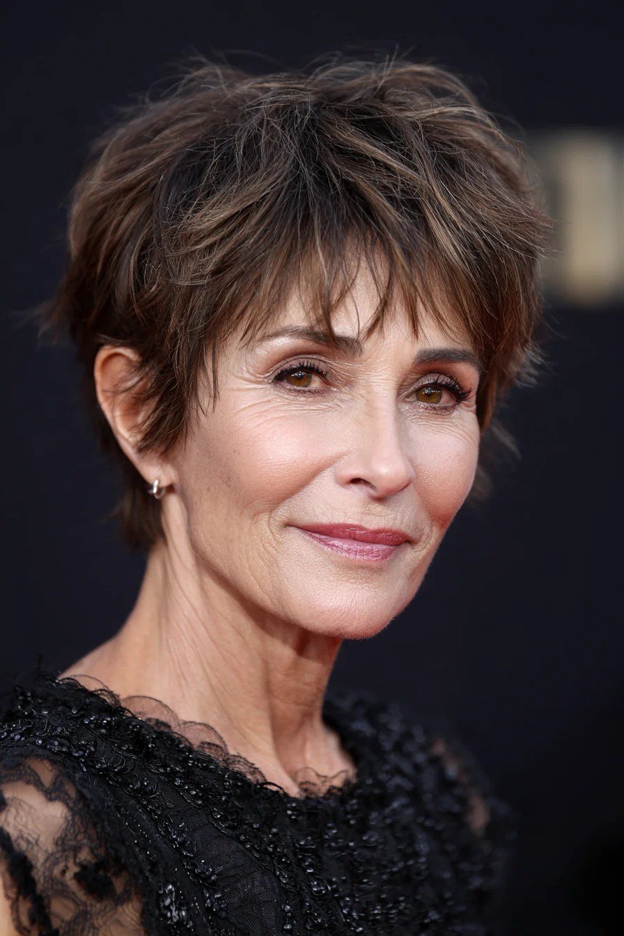 Dark brunette choppy pixie haircut for women over 60, front view