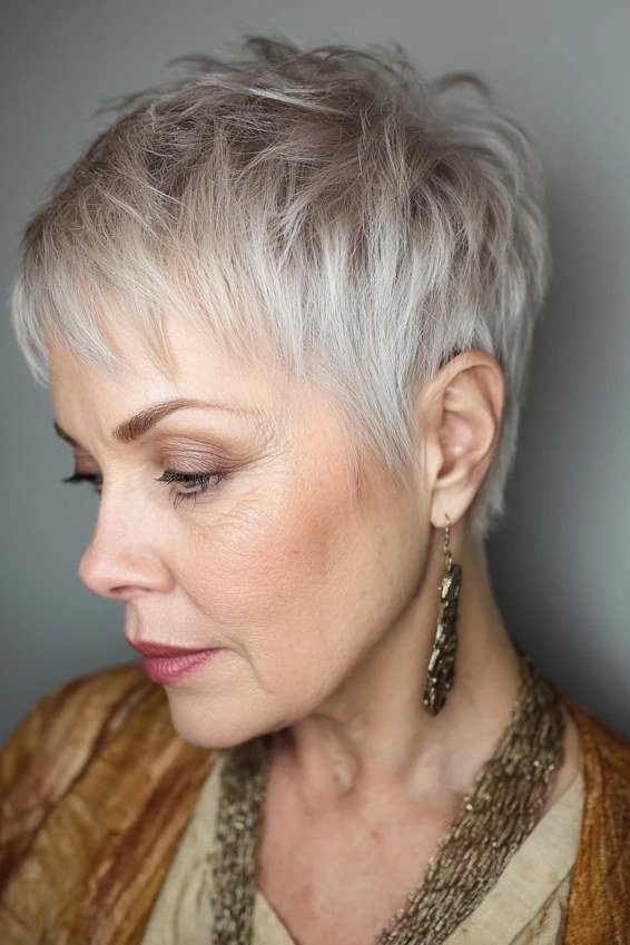 silver soft textured pixie for women over 50 three quarter view