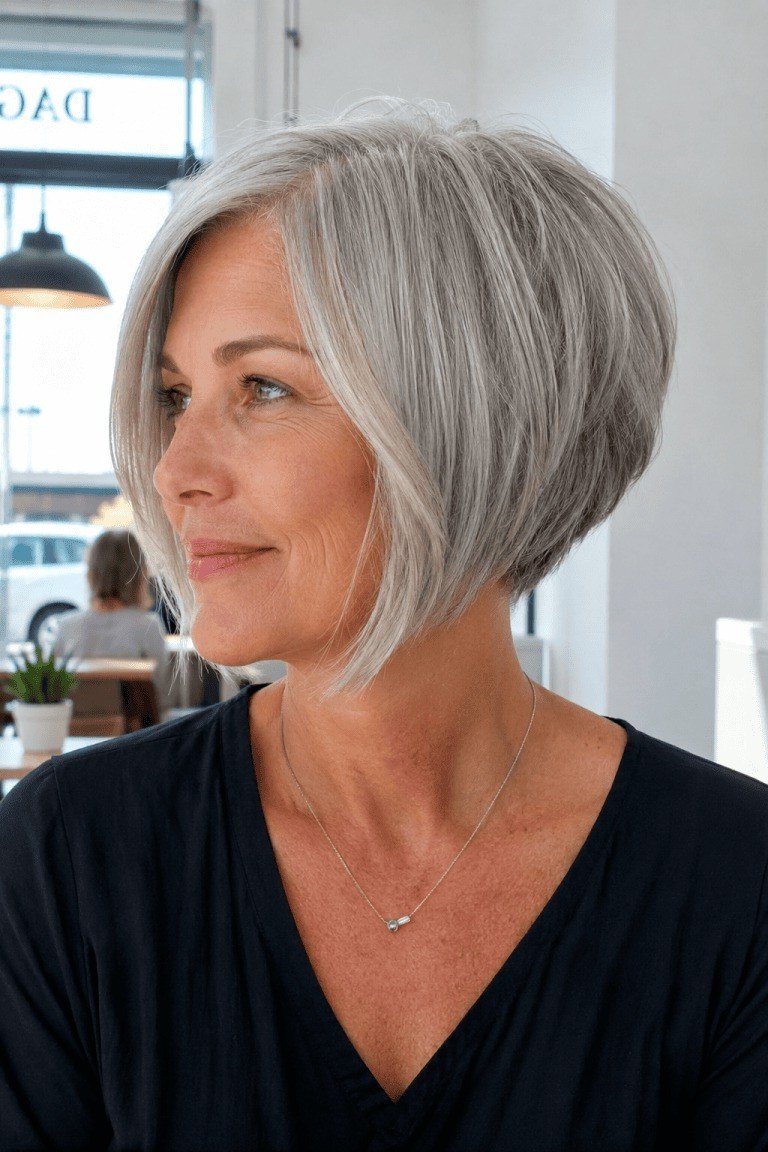Silver bob 3/4 view, salon, black top, short layered bob hairstyle for women over 60
