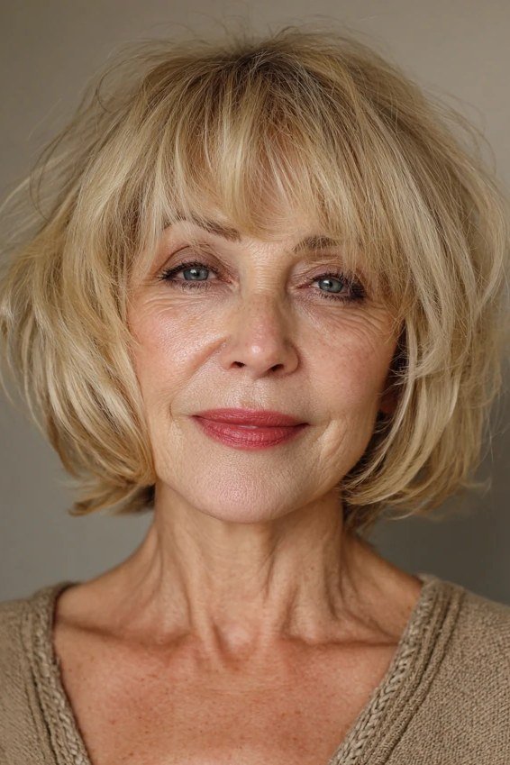 Blonde french bob with soft wispy bangs and beige sweater