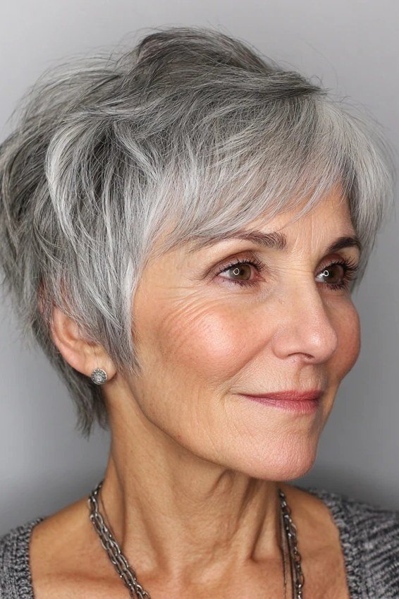 Silver layered pixie, feathered sides, three-quarter view for women over 60