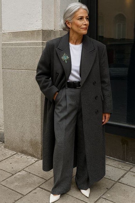 Older woman wearing a charcoal long coat with grey trousers and a white top