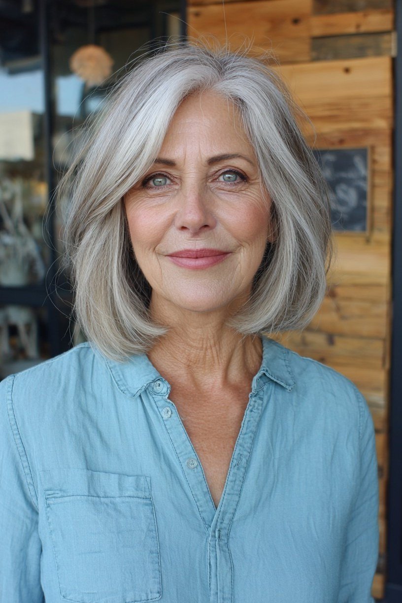 Easy silver shoulder length lob for women over 60