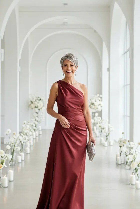 Burgundy one-shoulder column gown for women over 50, fall date night outfit