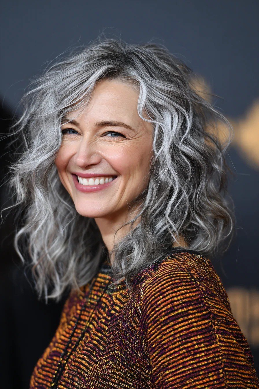 Silver curly bob, front view, smiling - wispy hairstyle for women over 40