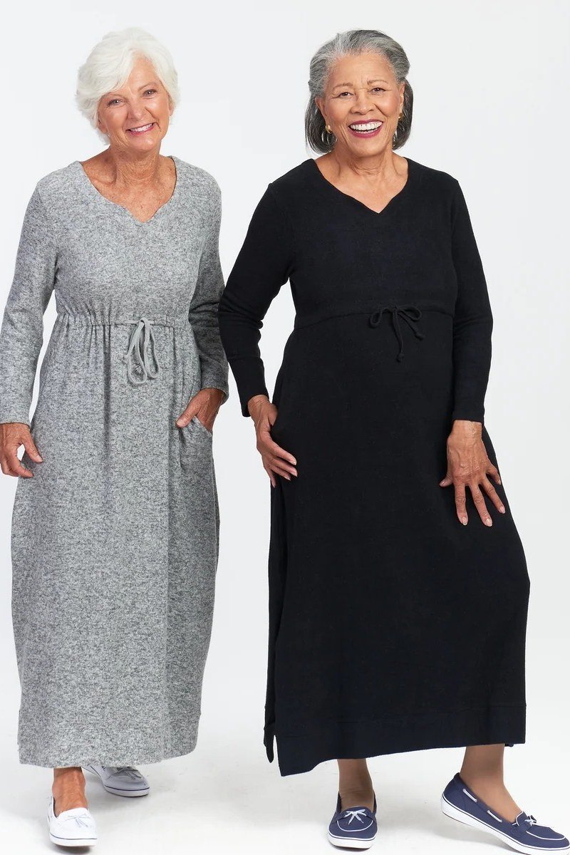 black and gray knit midi dresses, duo for women over 60