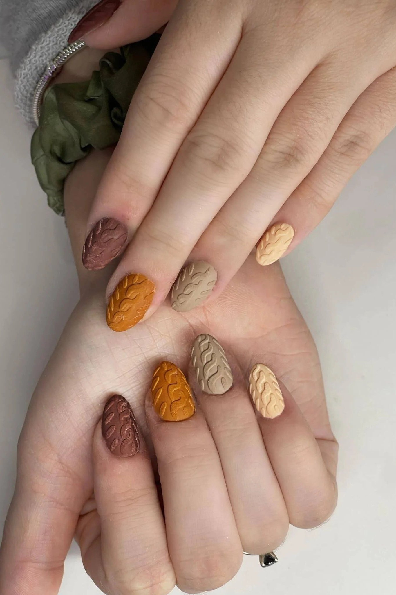 Mixed fall nail art, pumpkins and leaves, fall nail design for older women