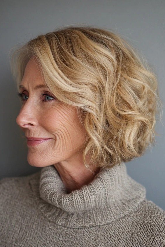 Blonde Wavy Bob with Turtleneck Polish - curly bob hairstyle for women over 50