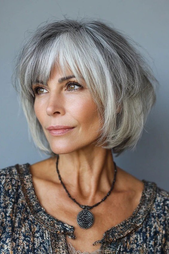 Silver Bob with Wispy Bangs, chic bob haircut for women over 50