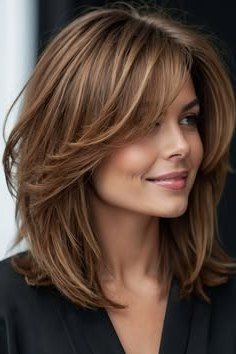 Brown lob haircut with curtain bangs for women over 40