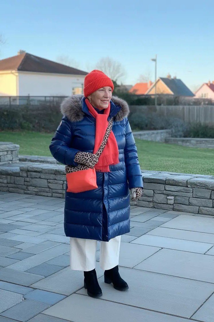 Stylish winter outfit for women over 60: navy long puffer coat with red beanie and red bag in a park