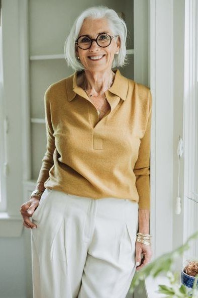 Mustard Polo and Cream Pants outfit for women over 70, chic style idea 25