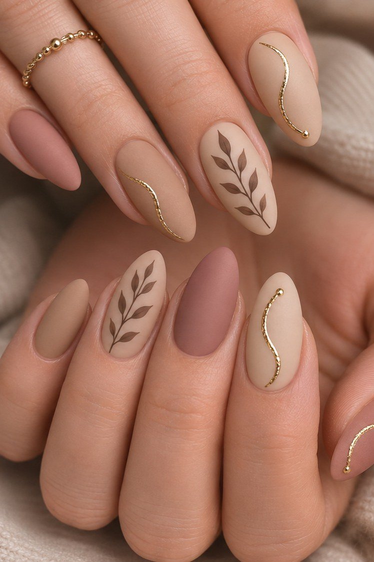 Nude mauve with gold botanical line art almond, elegant fall nail design for women over 40