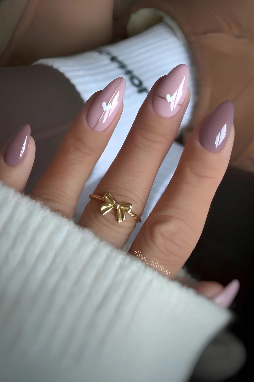 Mauve Almond Nails with Marble and Gold French Tips, elegant mauve nail idea for women over 60