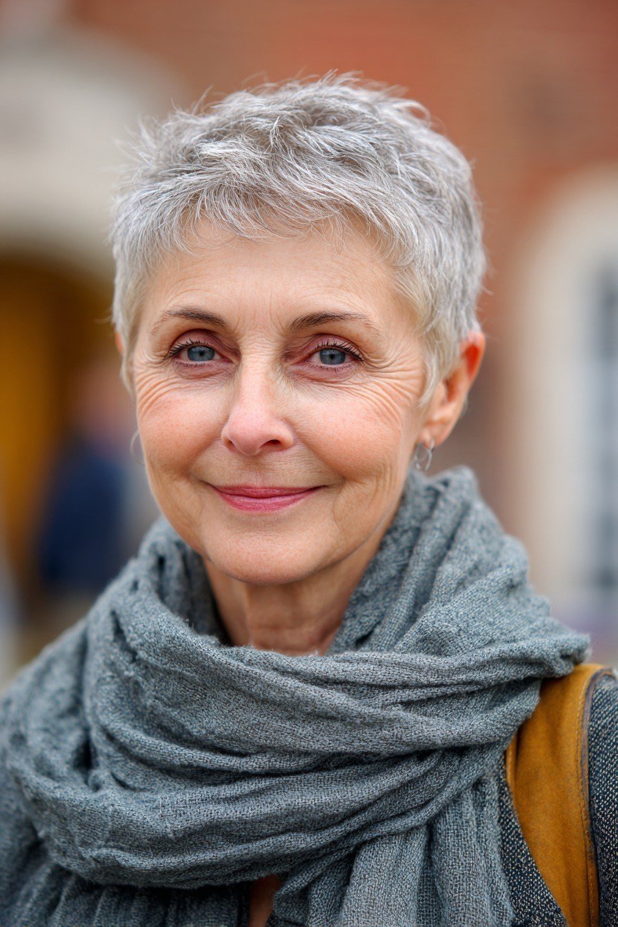Curly grey pixie haircut for women over 70, front view