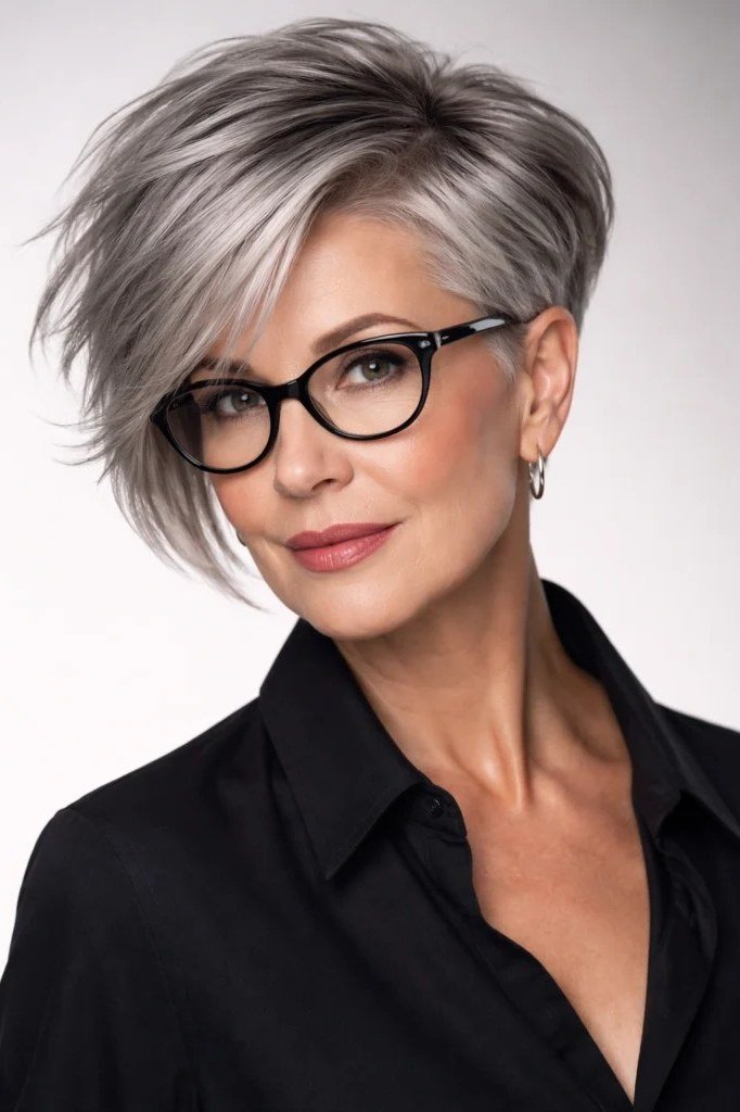 Silver pixie with straight bangs and glasses - trendy short haircut for older women with fine hair