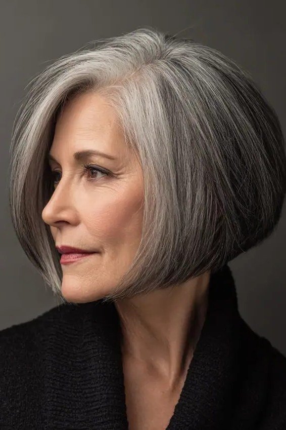 short layered silver bob with movement, three quarter side view