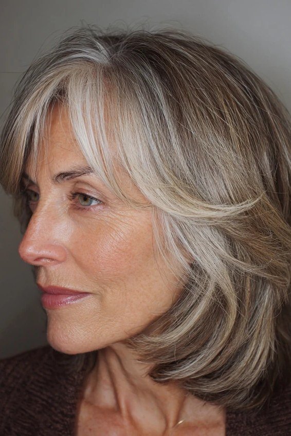 Grey layered lob, side view, woman in her 60s