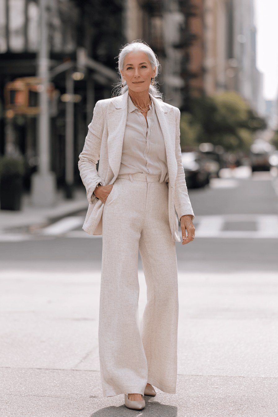 Ivory blazer with ivory wide-leg trousers for women over 50