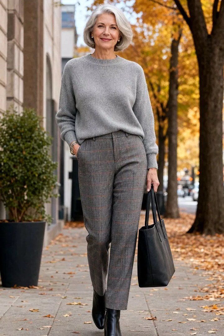 Grey Knit Sweater With Grey Plaid Trousers, smart casual outfit for women over 50