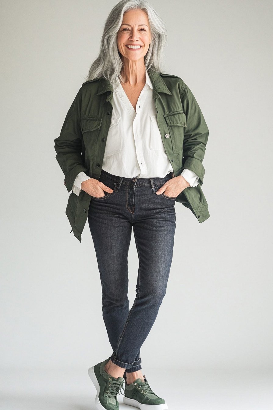 Easy casual outfit idea for women over 50: green utility jacket and dark jeans, older woman everyday style