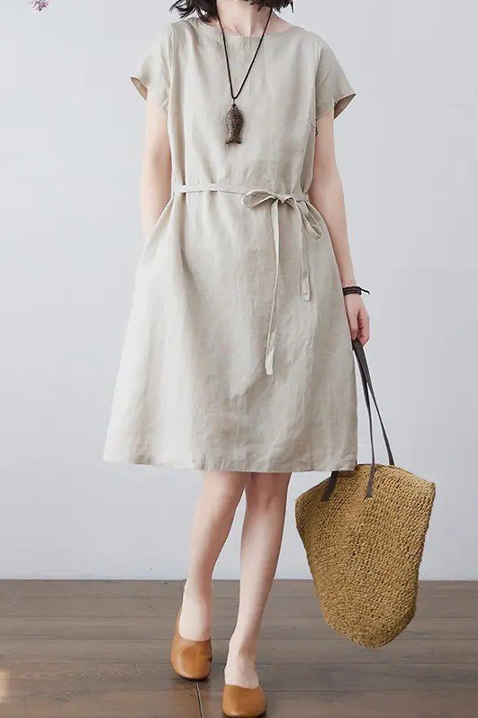 Stone belted midi dress with straw tote, studio for women over 60