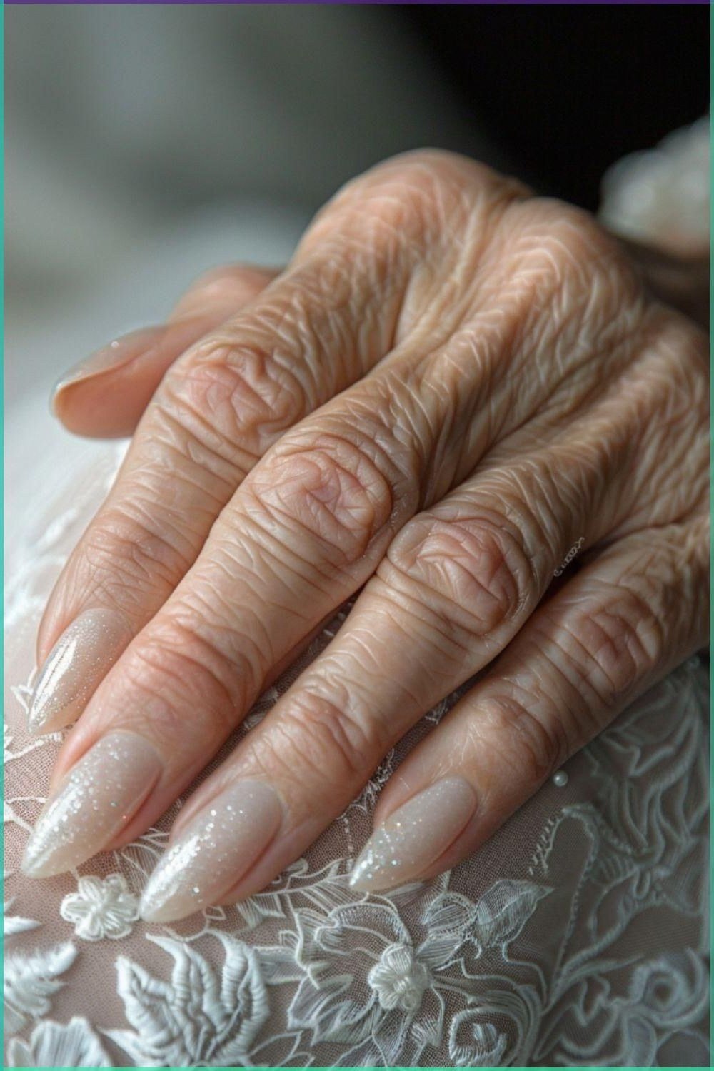pearl champagne shimmer almond gel nails, warm champagne nail idea for older women
