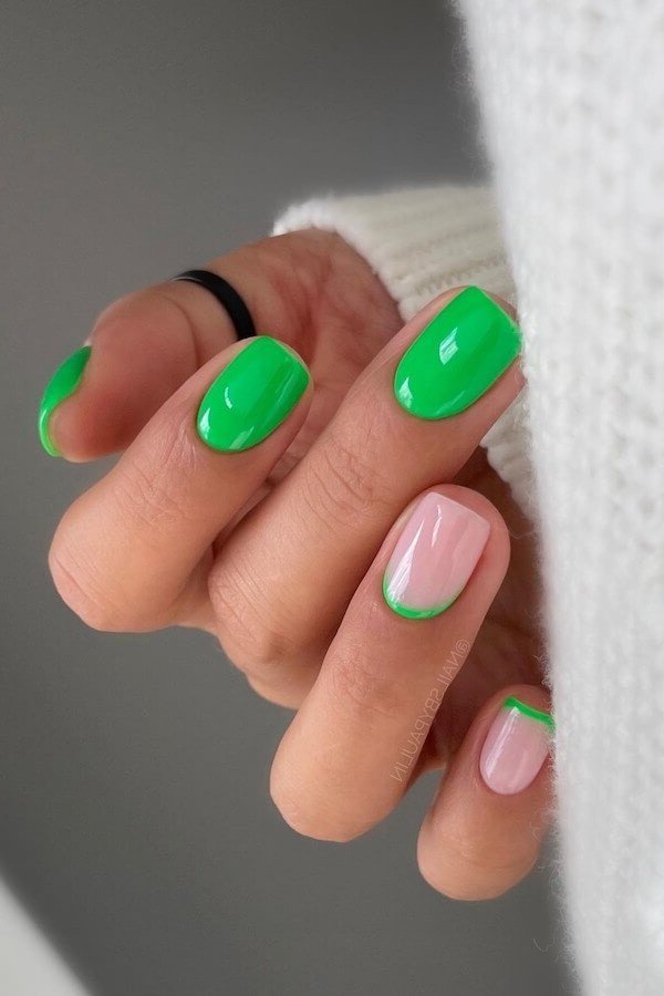 Mint Green French with Pink Base - elegant nail art idea for mature hands, women over 50