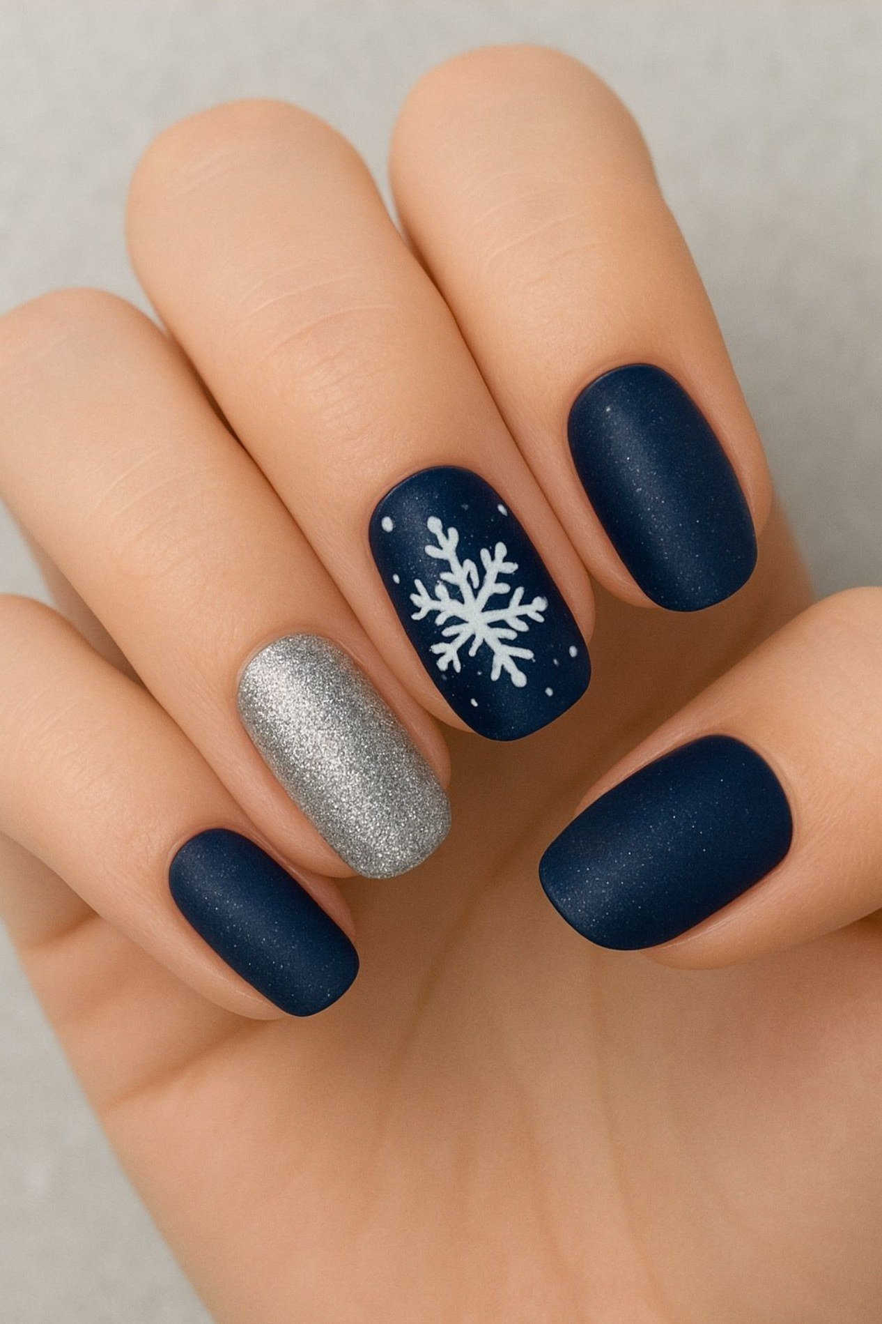 Matte Navy Snowflake Nails - navy matte snowflake silver glitter accent, glitter winter nail design for women over 60