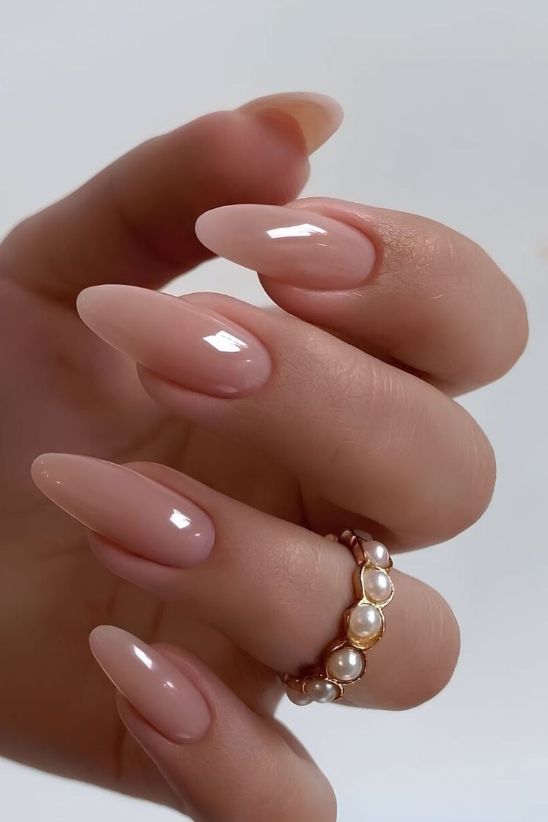 Nude Almond with Pearl Ring - elegant nude nail design for women over 60