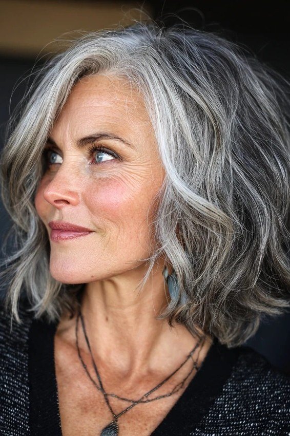 silver bob with loose waves for women over 50, side view