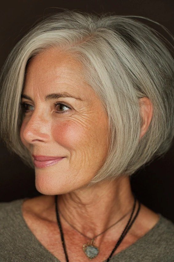 Silver layered bob, elegant 3/4, timeless hairstyle for women over 70