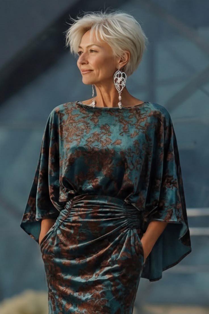 green-brown kaftan, silver-haired woman, elegant cocktail dress for women over 60