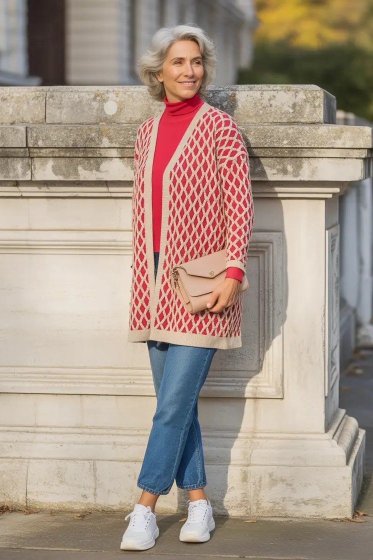 red diamond pattern knit cardigan blue jeans white sneakers women over 50