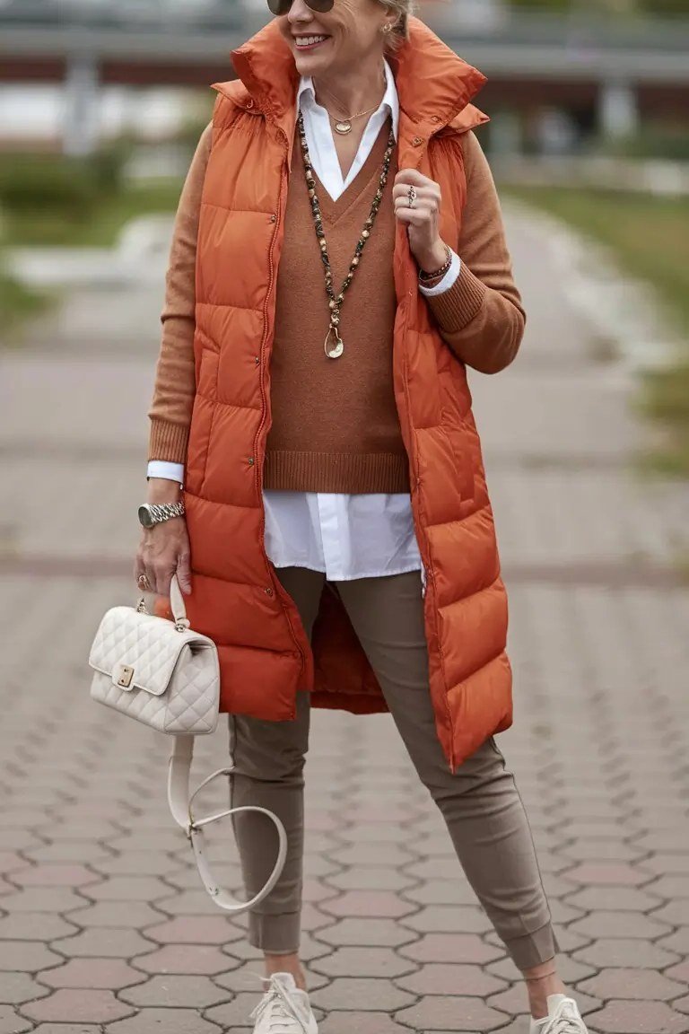 Rust puffer vest cozy brown layers rust puffer vest brown layers white sneakers 50s - fall outfit idea for women over 40