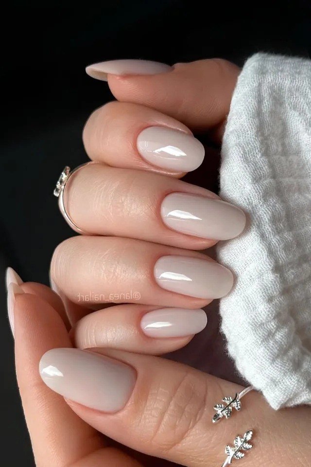 Taupe Glossy Short Almond Nails - brown nail idea for women over 50