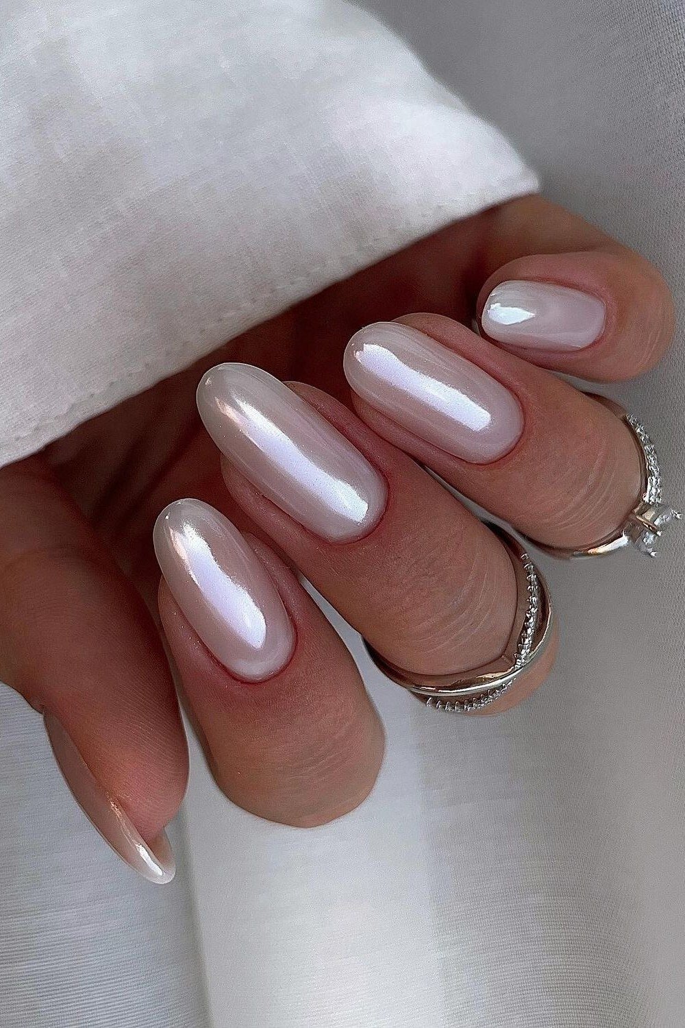 White Pearl Chrome with Delicate Rings - chrome nail designs for women over 60