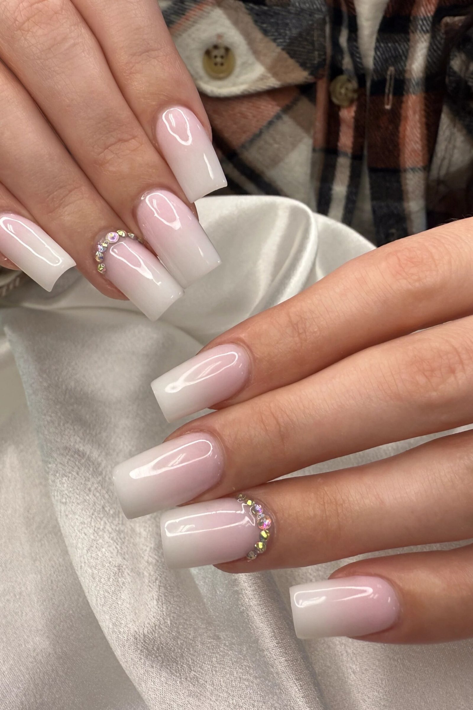 pink white baby boomer fade on medium square nails with gold accents