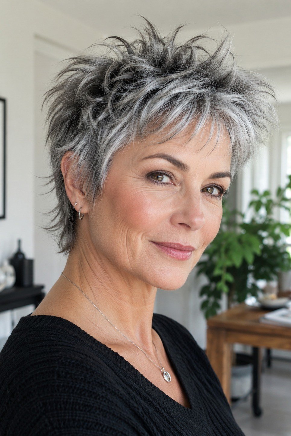 Textured grey wispy pixie with tousled layers, black top
