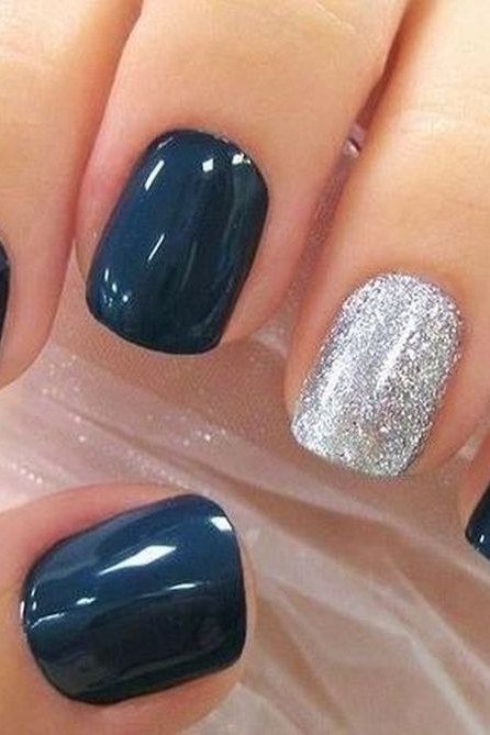 Navy Short Square Nails with Silver Glitter Accent for women over 60