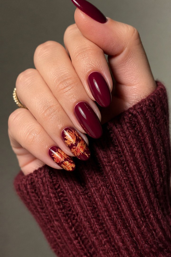 25. Deep Burgundy Nails With a Maple Leaf Accent - Thanksgiving nail art idea for women over 50